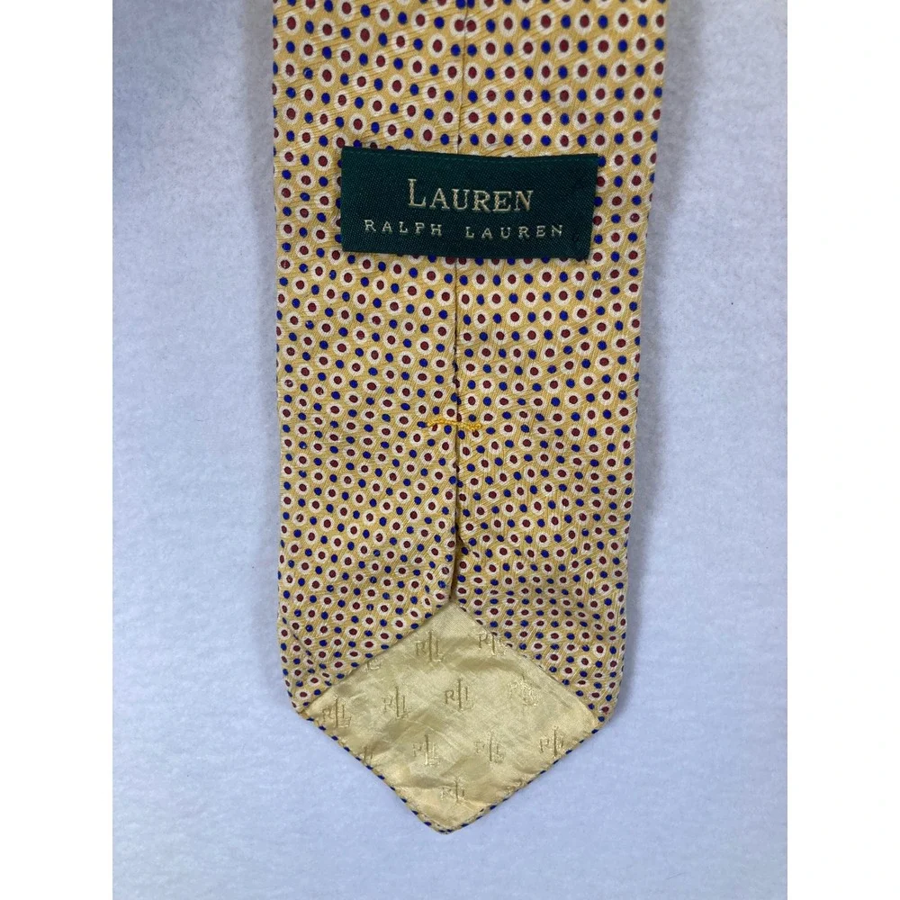 Preppy Lauren Ralph Lauren Mens‎ OS Gold Blue Geometric Dot 100% Silk Necktie
